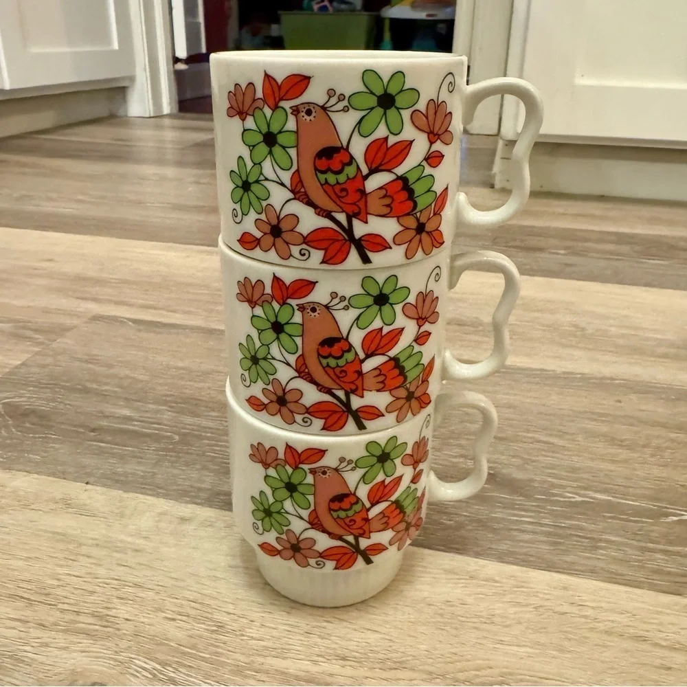 Vintage Japan Bird Floral Stackable Mugs Retro 2 Finger Handle Set Of 3